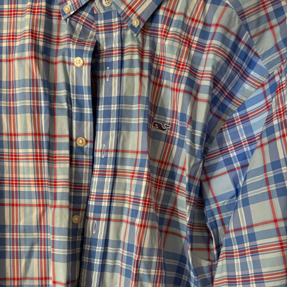 Vineyard Vines Men's Red and Blue Plaid Shirt
